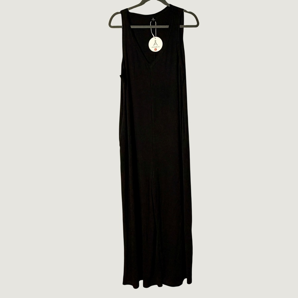 Anrabess Sleeveless Wide Leg V-Neck Pocket Jumpsuit Large Black Casual Summer